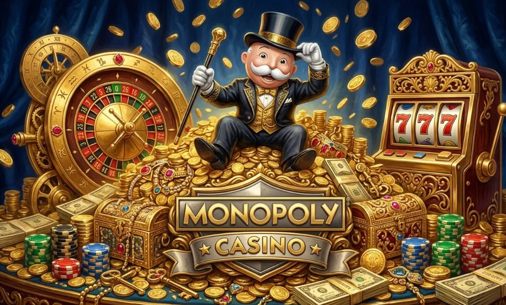 Ornate illustration of Mr. Monopoly atop a mountain of gold and cash, flanked by a roulette wheel and slot machine under the Monopoly Casino logo.