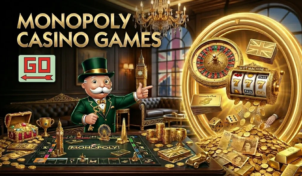 A luxurious Monopoly Casino banner featuring Mr. Monopoly alongside a golden roulette wheel, a slot machine, and overflowing gold coins and bars on a dark background.