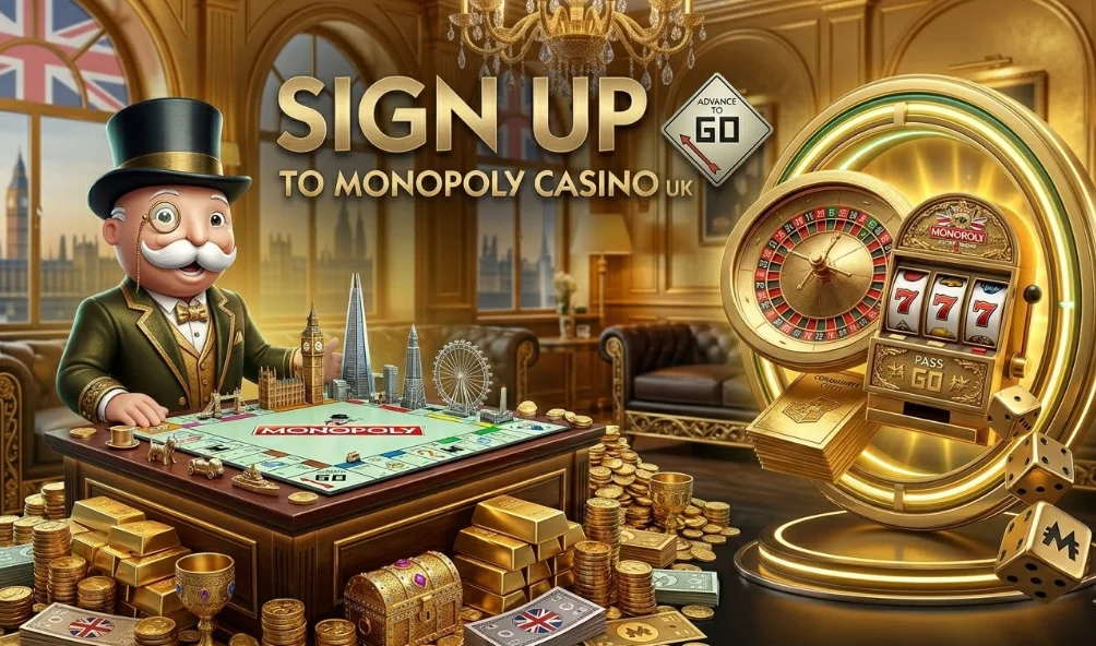 A lavish, golden-themed interior featuring Mr. Monopoly at a game table stacked with gold bars and coins, alongside a golden roulette wheel and slot machine.