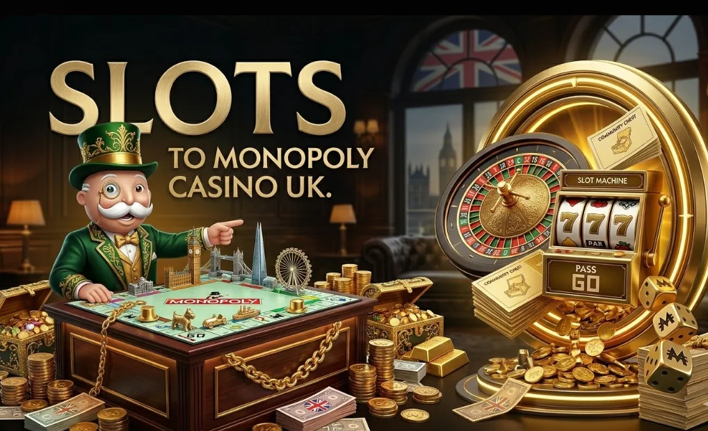 A lavish, golden-themed image featuring Mr. Monopoly and the text "SLOTS to Monopoly Casino UK," surrounded by gold bars, coins, a roulette wheel, and a slot machine.