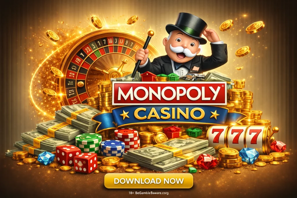 Monopoly Casino App promotional banner with classic gentleman mascot, roulette wheel, stacks of cash, poker chips, slot machine and gold coins on glowing casino background